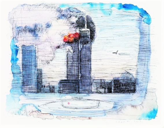 "9/11", watercolour on paper, by Chen Xi 